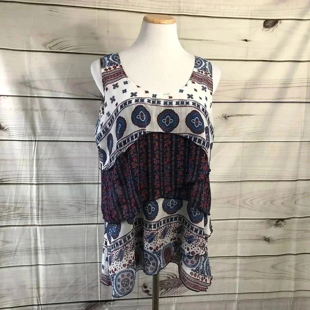 One World Tank Top Womens Large Blue Paisley Floral Tiered Boho Sleeveless Scoop